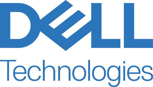 Logo of Dell Technologies in blue text with a stylized "D" and "E" in "Dell" above the word "Technologies.