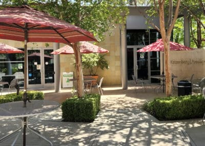 Seating next to the entrance to the Katzenberg Pavilions