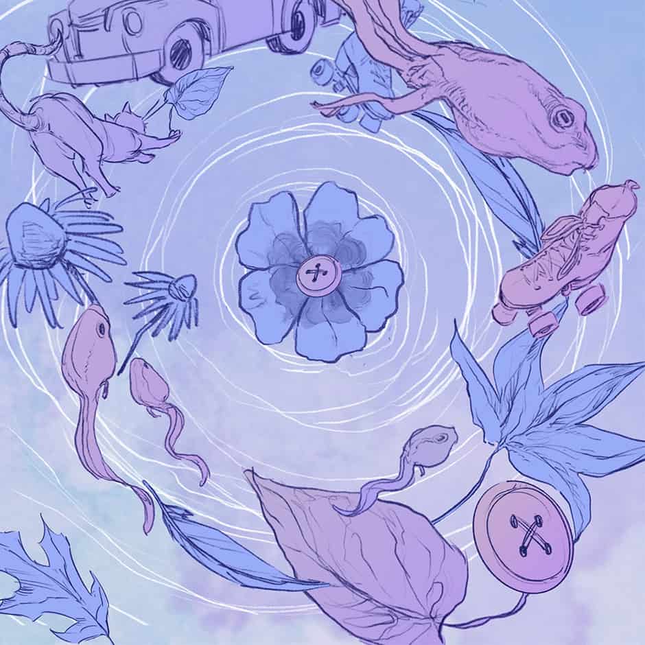 A drawing of a frog, flowers, and a car.