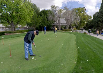 A man is playing a game of golf in a park.